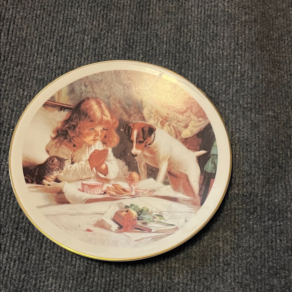 Decorative Plate with Child and Dog Illustration